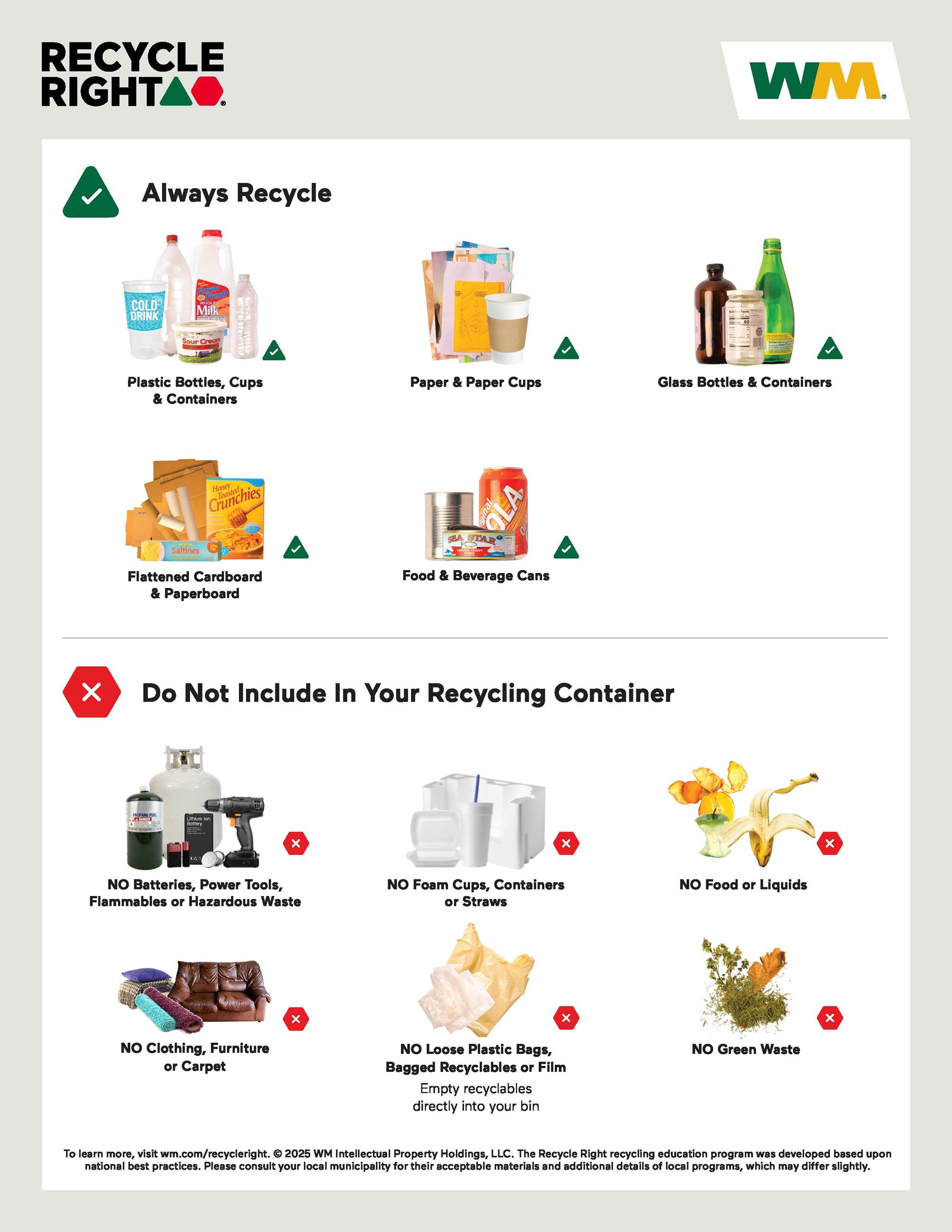 Recycling guide showing accepted and not accepted items for recycling. 