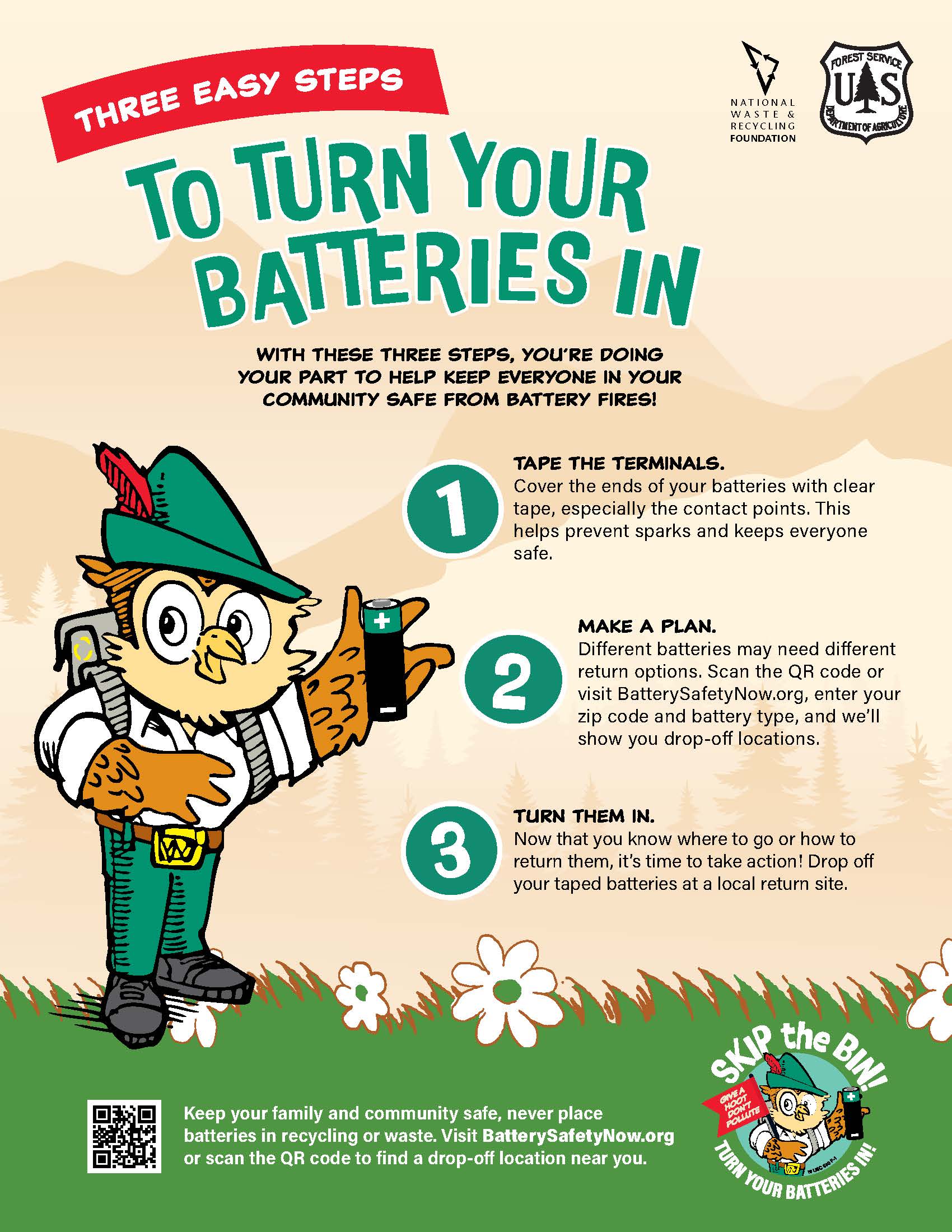 Flyer with an own giving three easy steps for battery safety