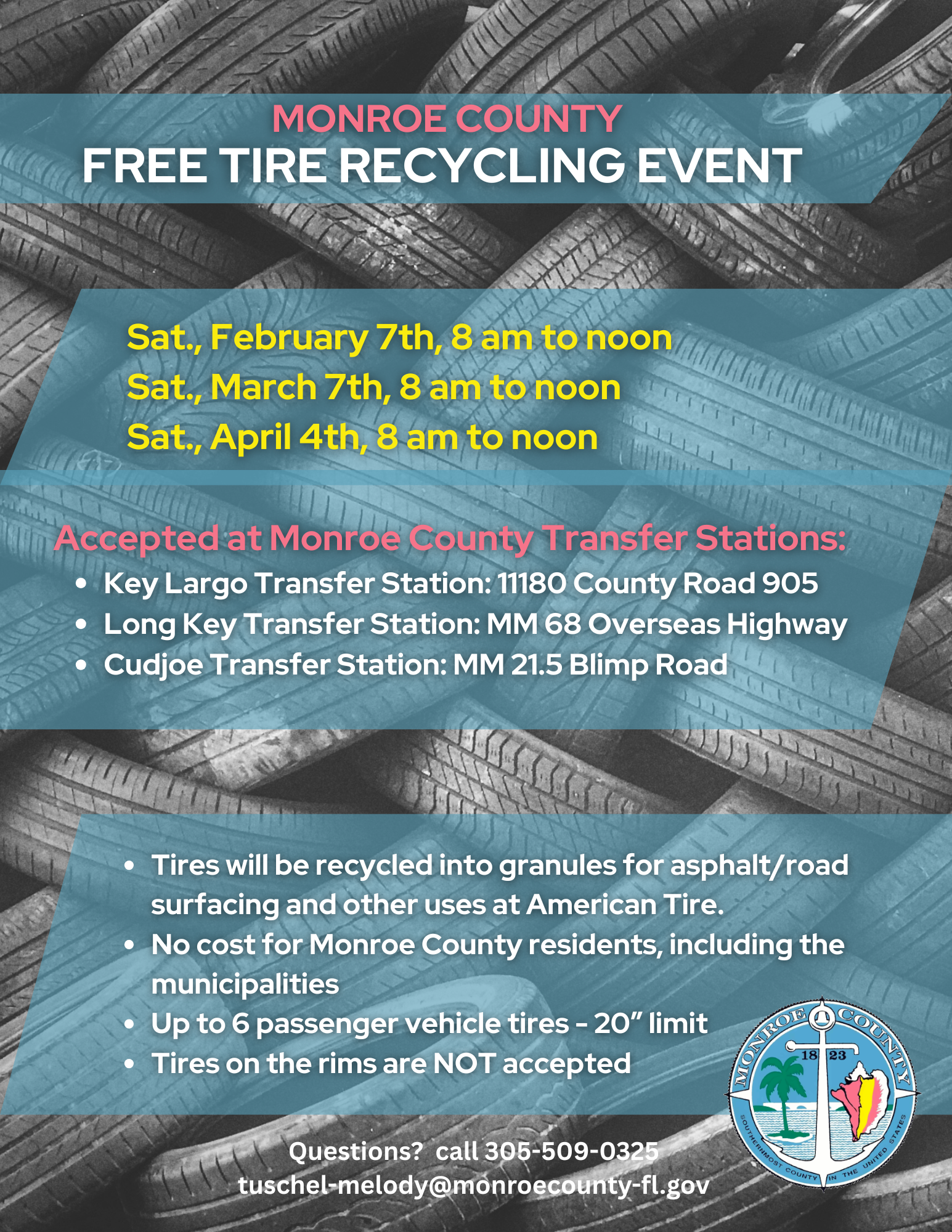 Flyer announcing Monroe County’s free tire recycling events on February 7, March 7, and April 4 from